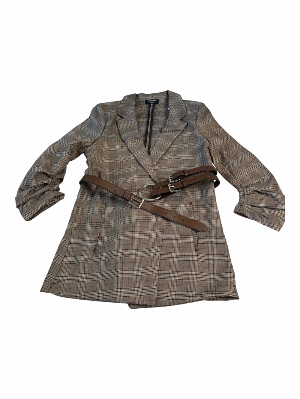 Studio Brown Plaid 3/4 Sleeve Ruched Blazer Sm Med Lg - Picture 15 of 16